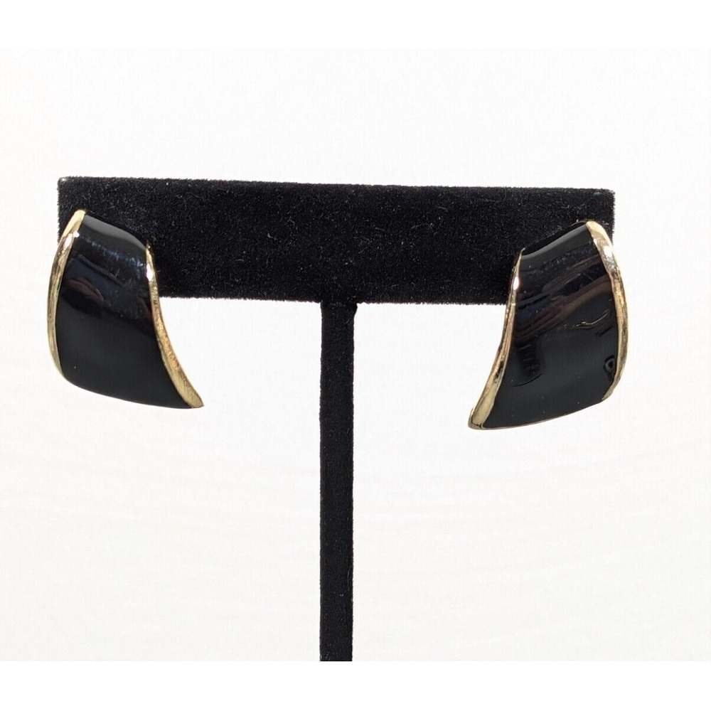Vintage‎ Black Enamel Gold Tone Curved Bar Drop Pierced Statement Earrings